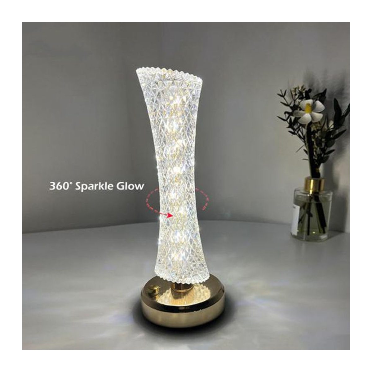 Moderne LED Nachttischlampe aus Acryl in Transparent und Silber, batteriebetrieben mit Touch-Steuerung und dimmbarer Helligkeit, Höhe: 23,5 cm - Bild 6