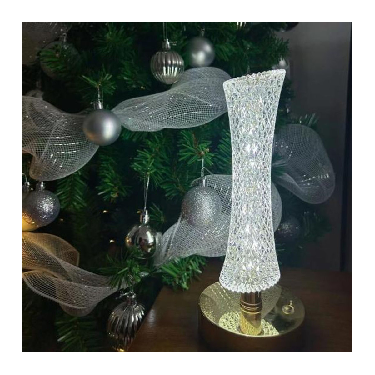 Moderne LED Nachttischlampe aus Acryl in Transparent und Silber, batteriebetrieben mit Touch-Steuerung und dimmbarer Helligkeit, Höhe: 23,5 cm - Bild 8