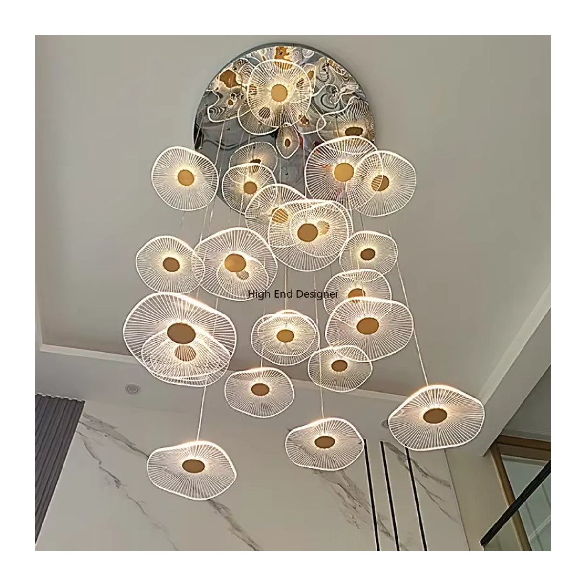 Moderne LED Pendelleuchte aus Acryl von JIANKEXING in Weiß und Silber für Wohnzimmer, Esszimmer oder Treppenhäuser - Bild 3