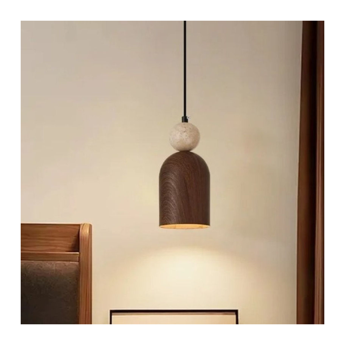 Moderne LED Pendelleuchte aus Holz und Stein in Nussbaum, Nordic Design für Wohnzimmer, Schlafzimmer oder Arbeitszimmer - Bild 1