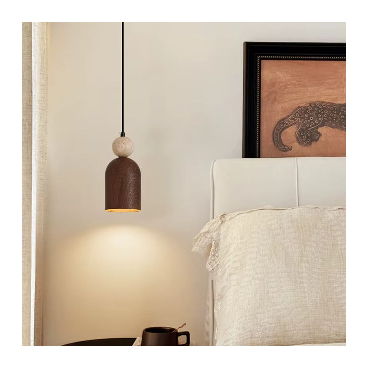 Moderne LED Pendelleuchte aus Holz und Stein in Nussbaum, Nordic Design für Wohnzimmer, Schlafzimmer oder Arbeitszimmer - Bild 2