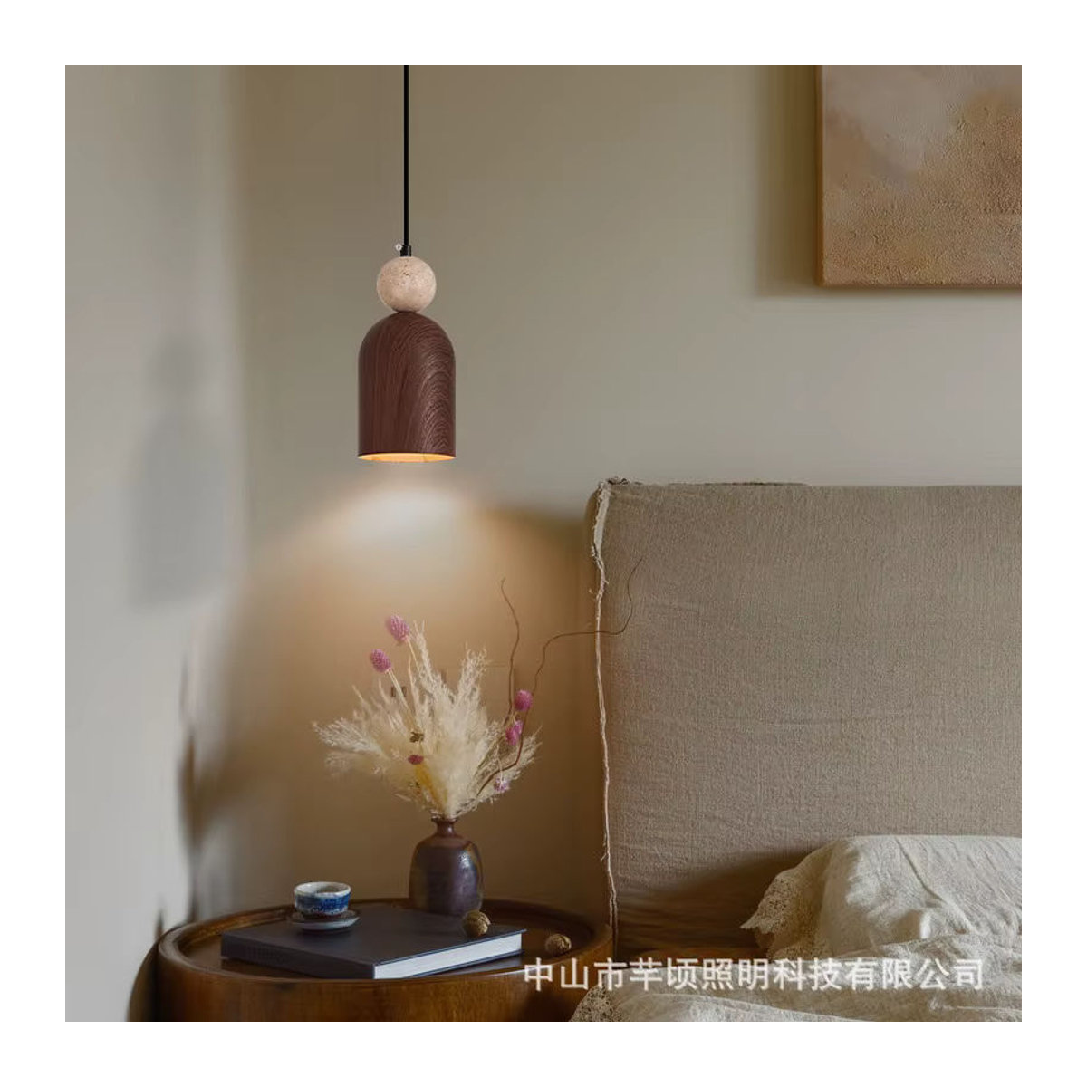 Moderne LED Pendelleuchte aus Holz und Stein in Nussbaum, Nordic Design für Wohnzimmer, Schlafzimmer oder Arbeitszimmer - Bild 3
