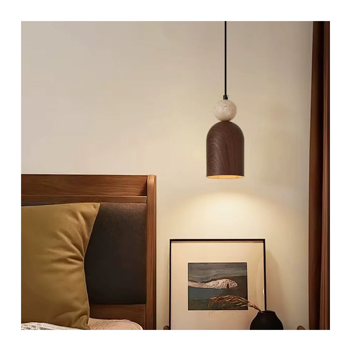 Moderne LED Pendelleuchte aus Holz und Stein in Nussbaum, Nordic Design für Wohnzimmer, Schlafzimmer oder Arbeitszimmer - Bild 4