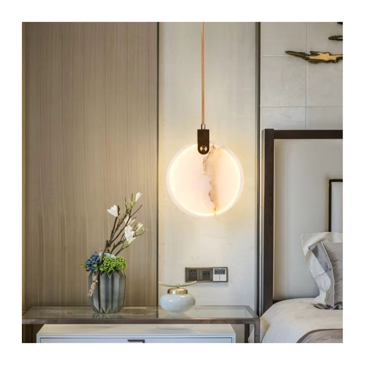Moderne LED Pendelleuchte aus weißem Marmor in runder Form für Schlafzimmer, Küche und Treppenhäuser - Bild 3