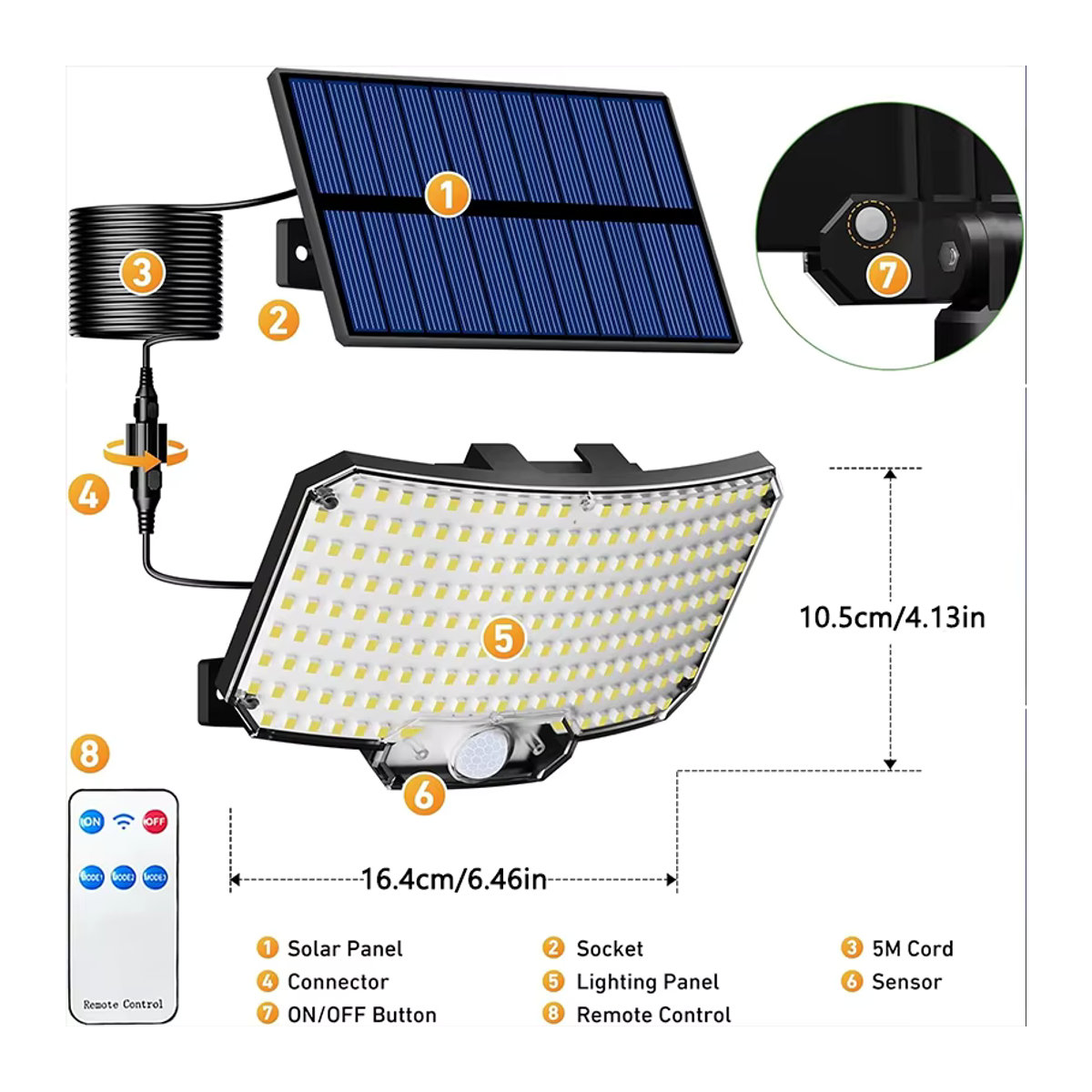 Moderne LED-Solarleuchte für den Außenbereich mit Bewegungsmelder und Fernbedienung, Schwarz - Bild 6