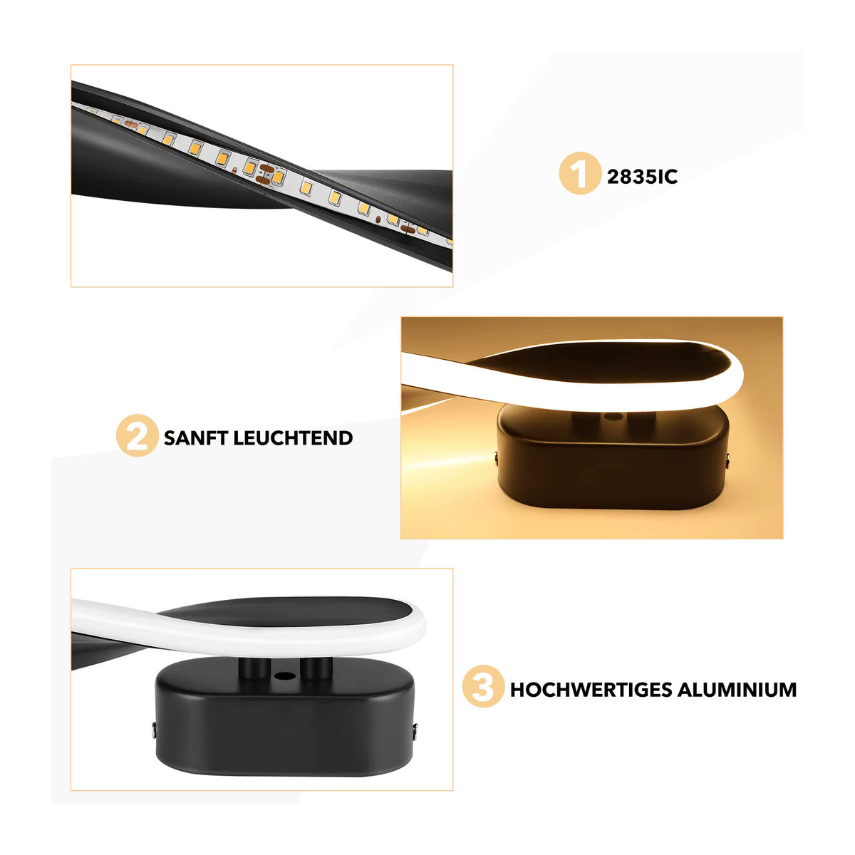 Moderne LED-Spiralwandleuchte aus Aluminium in Schwarz, 12W, Breite: 45 cm - Bild 5