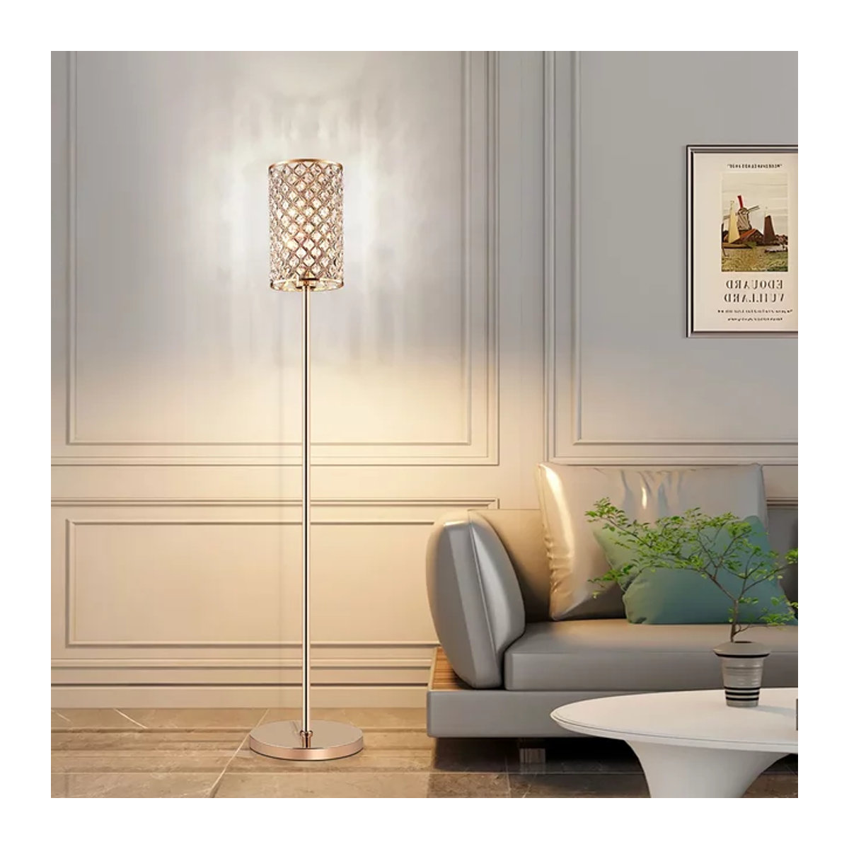 Moderne LED Stehleuchte ONEYLTT mit Kristall-Lampenschirm in Gold/Silber für Wohnzimmer und Schlafzimmer - Bild 1
