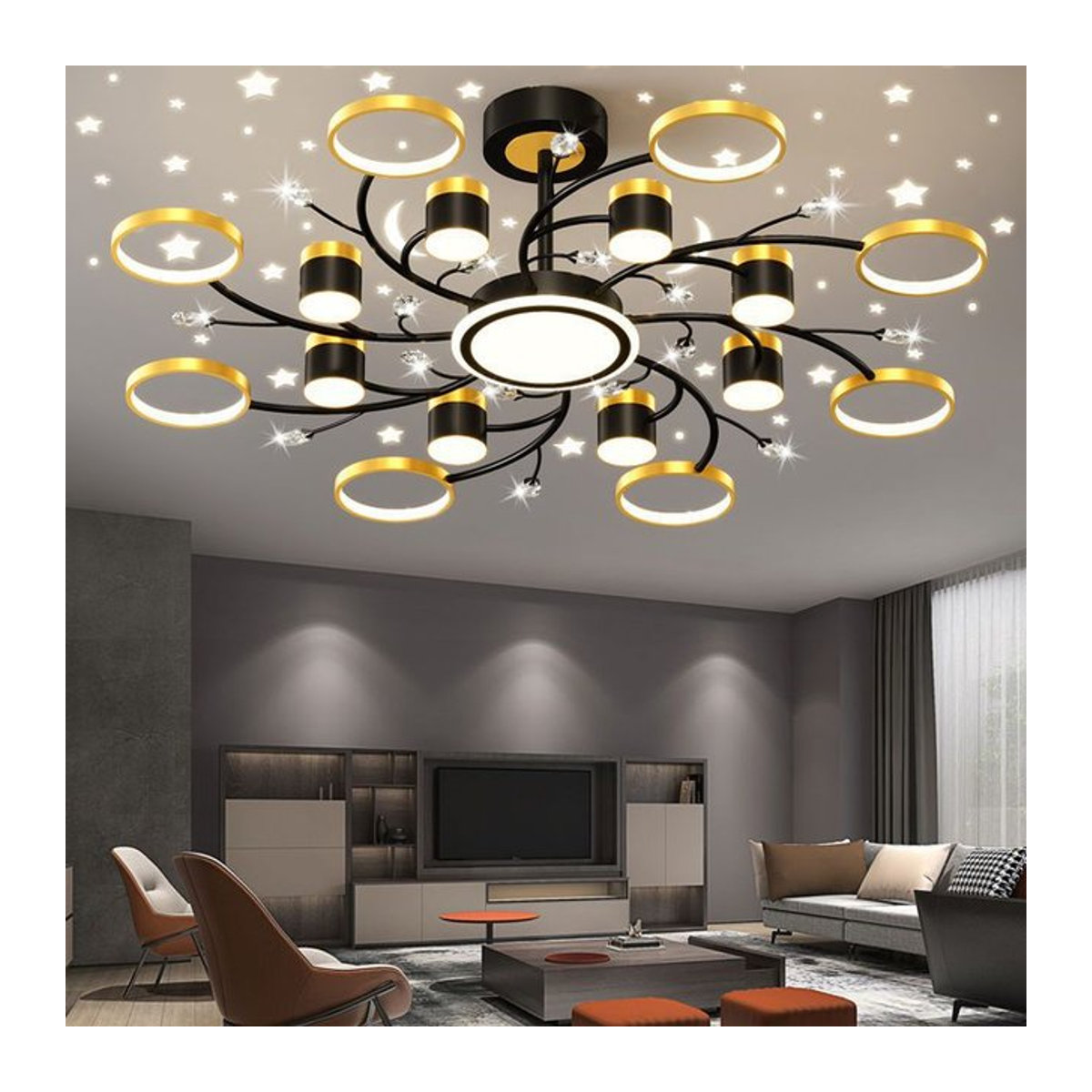 Moderne LED Sternenhimmel Projektion Deckenlampe von JIANKEXING als Kronleuchter in Schwarz/Weiß für Wohnzimmer, Schlafzimmer oder Café - Bild 1