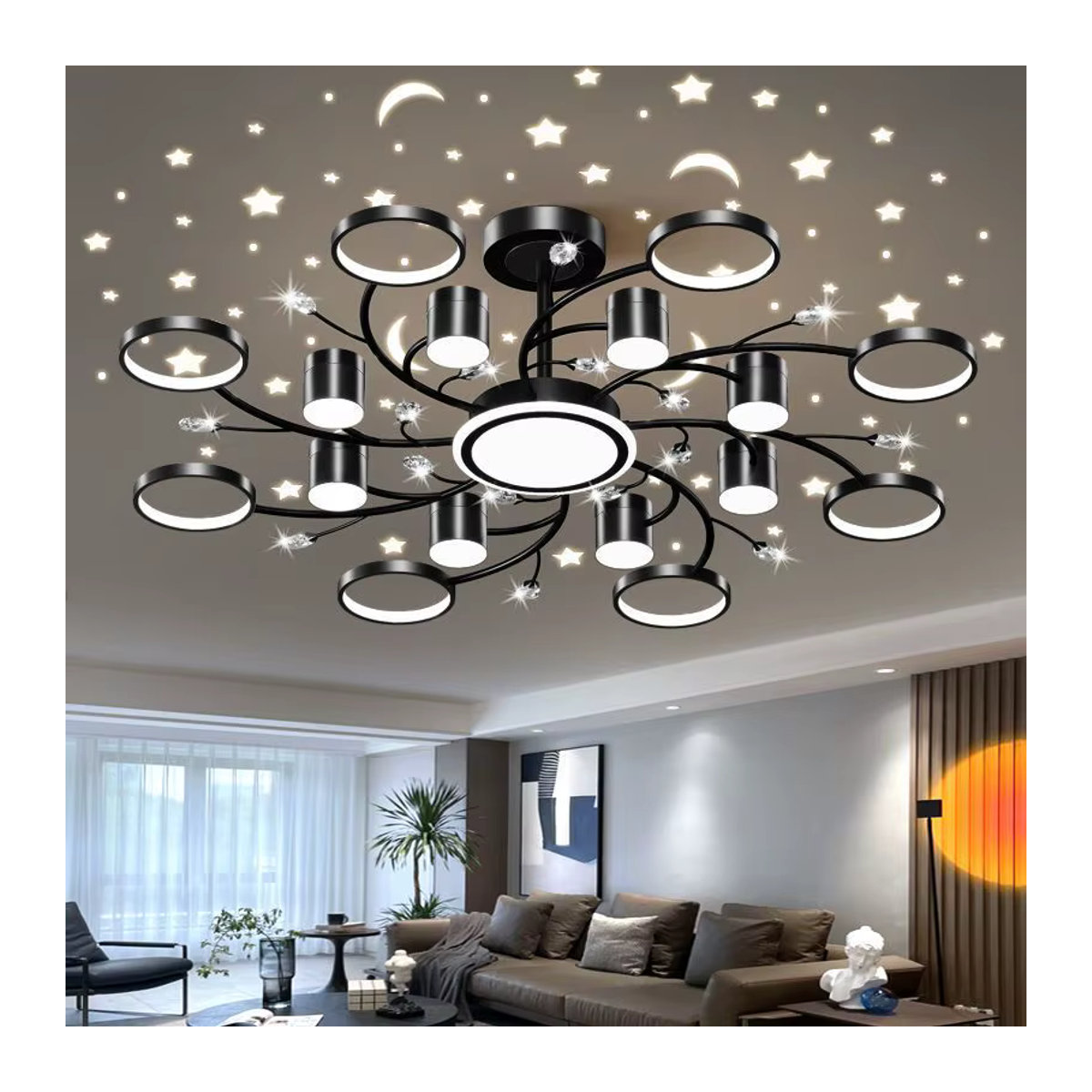 Moderne LED Sternenhimmel Projektion Deckenlampe von JIANKEXING als Kronleuchter in Schwarz/Weiß für Wohnzimmer, Schlafzimmer oder Café - Bild 2