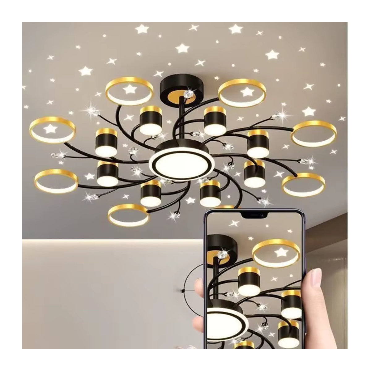 Moderne LED Sternenhimmel Projektion Deckenlampe von JIANKEXING als Kronleuchter in Schwarz/Weiß für Wohnzimmer, Schlafzimmer oder Café - Bild 3