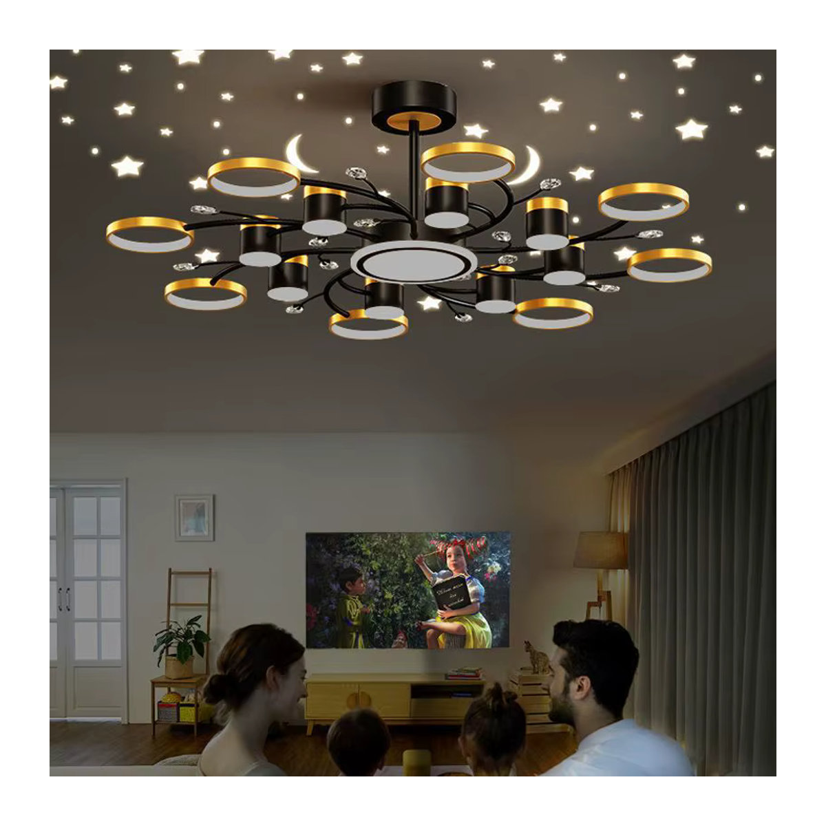 Moderne LED Sternenhimmel Projektion Deckenlampe von JIANKEXING als Kronleuchter in Schwarz/Weiß für Wohnzimmer, Schlafzimmer oder Café - Bild 4