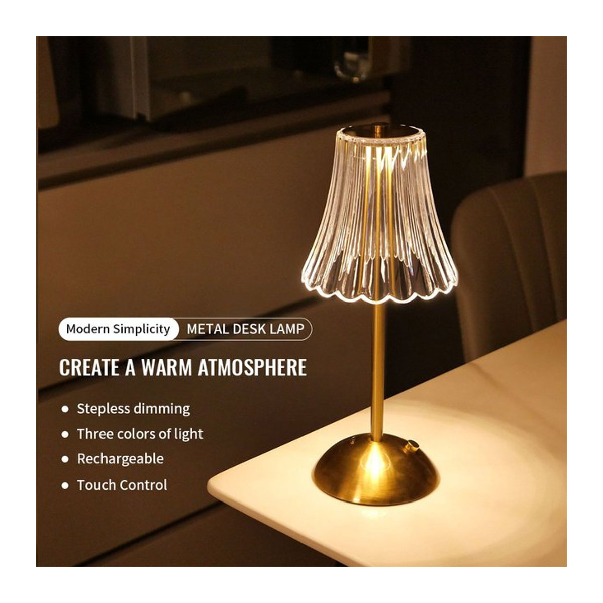 Moderne LED-Tischlampe aus Metall in Schwarz, USB wiederaufladbar mit Touch-Dimmung und 3 Lichtfarben, kabelloses Nachtlicht für Schlafzimmer und Nachttisch - Bild 1