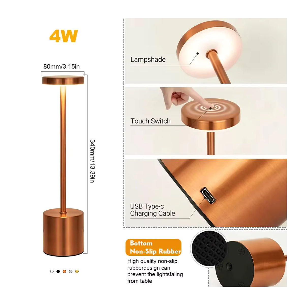 Moderne LED-Tischlampe aus Metall in Silber mit Touch-Sensor und 3 Lichtfarben, wiederaufladbar - Bild 2