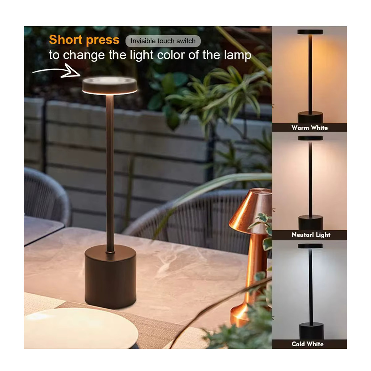 Moderne LED-Tischlampe aus Metall in Silber mit Touch-Sensor und 3 Lichtfarben, wiederaufladbar - Bild 5