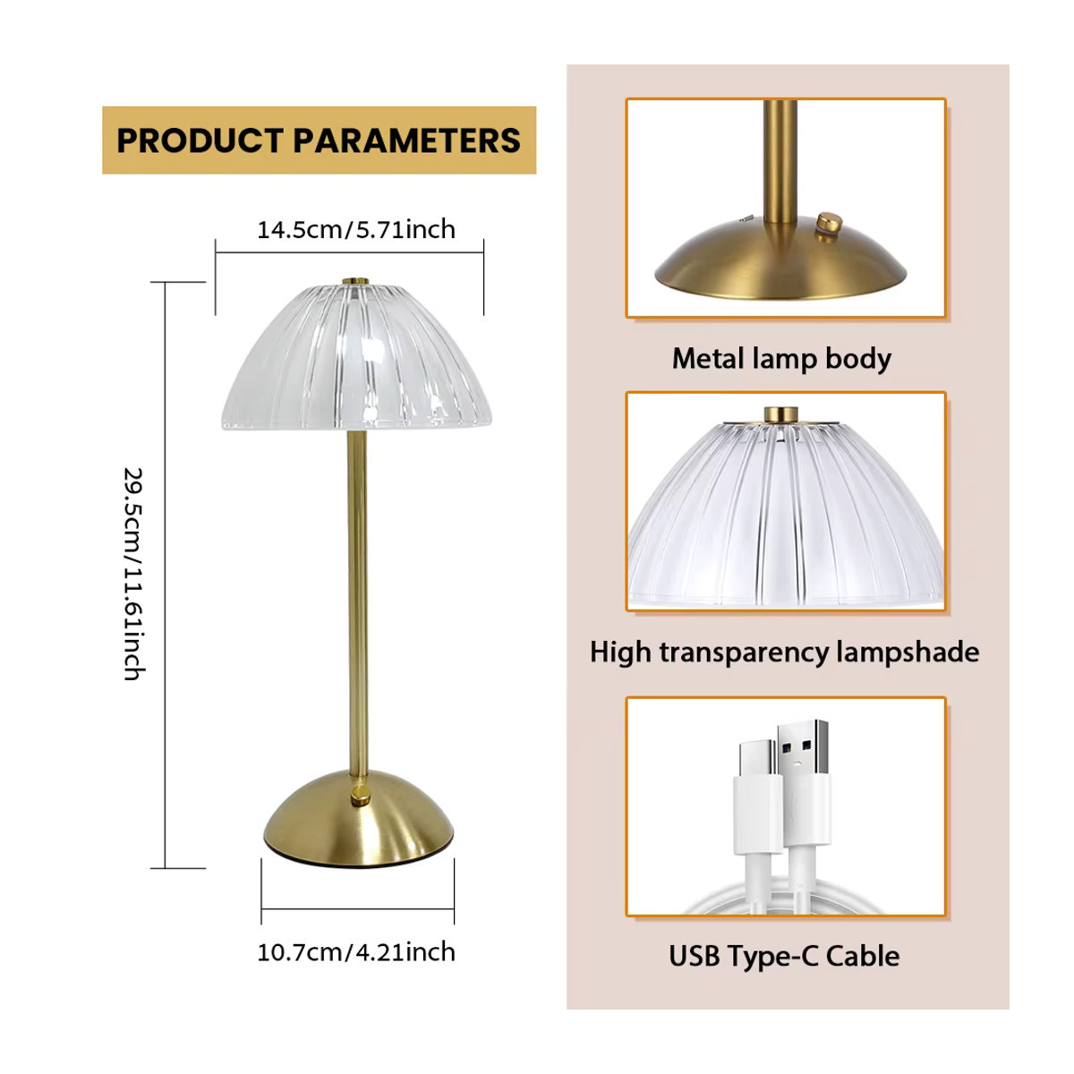 Moderne LED-Tischlampe aus Metall, kabellose und dimmbare Leselampe mit Touch-Sensor - Bild 1