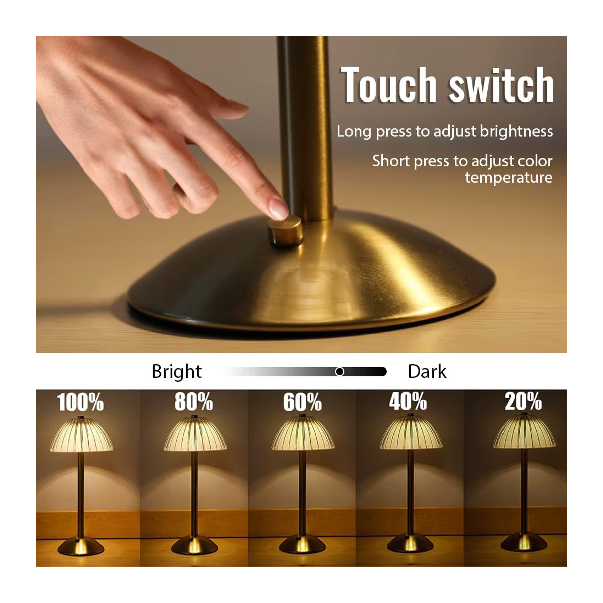 Moderne LED-Tischlampe aus Metall, kabellose und dimmbare Leselampe mit Touch-Sensor - Bild 2