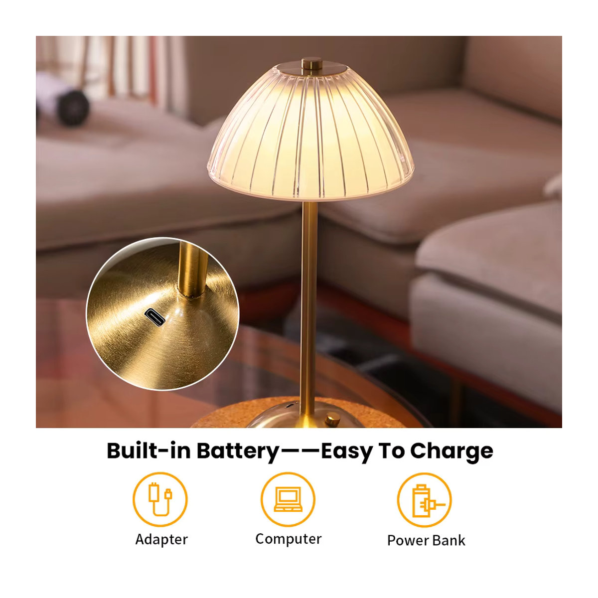 Moderne LED-Tischlampe aus Metall, kabellose und dimmbare Leselampe mit Touch-Sensor - Bild 4