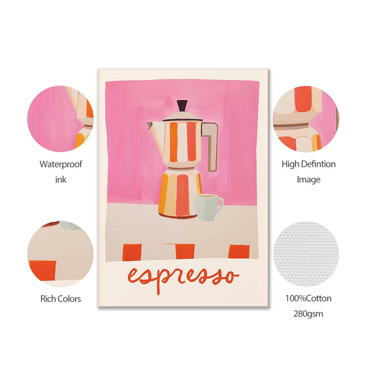 Moderne Leinwand mit italienischen Espresso Zitaten und Moka Topf als Wandkunst für deine Küche oder dein Café, mehrfarbig - Bild 3