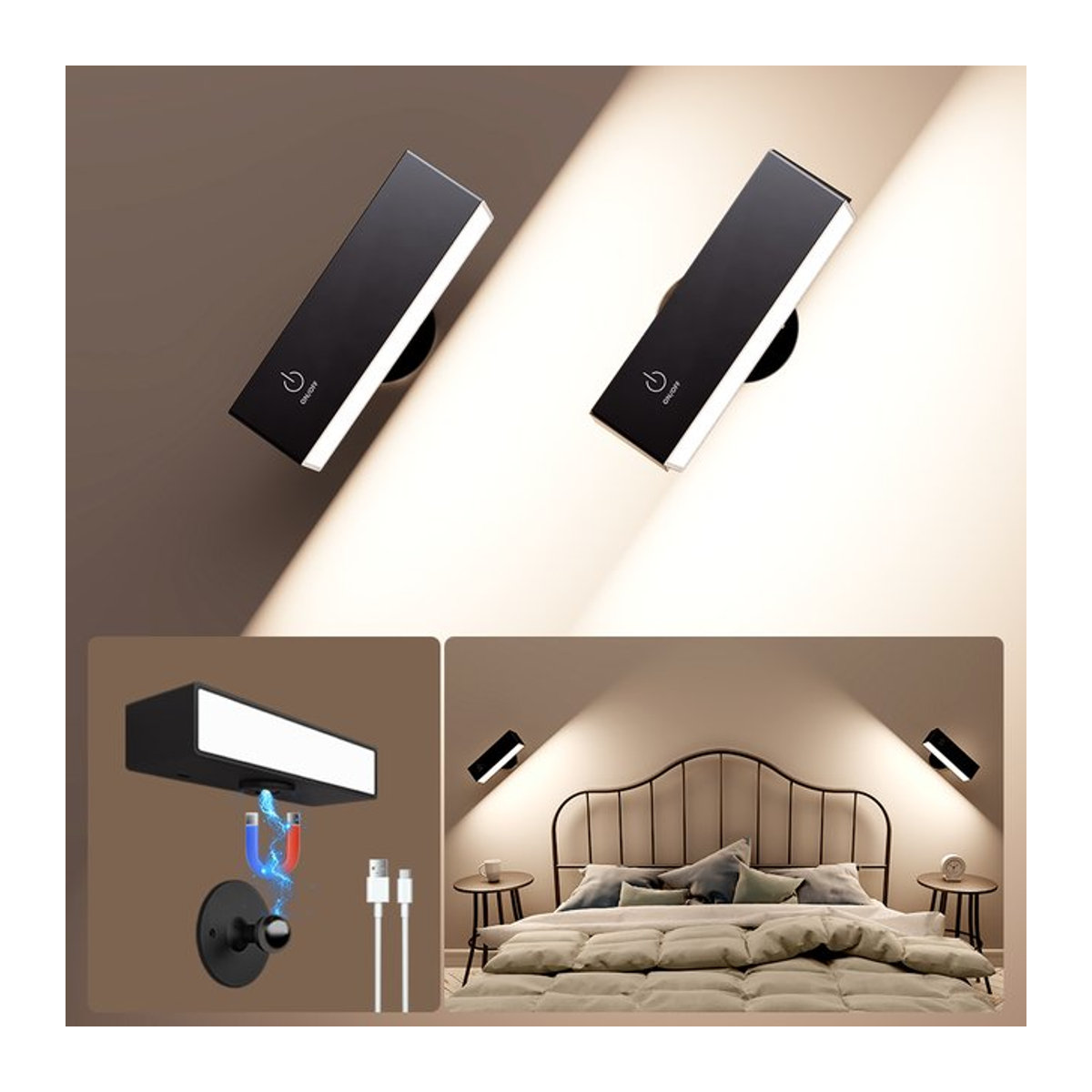 Moderne magnetische Wandleuchte in Schwarz, wiederaufladbare batteriebetriebene Nachttischlampe mit USB-Aufladung und 360 Grad Drehung - Bild 1