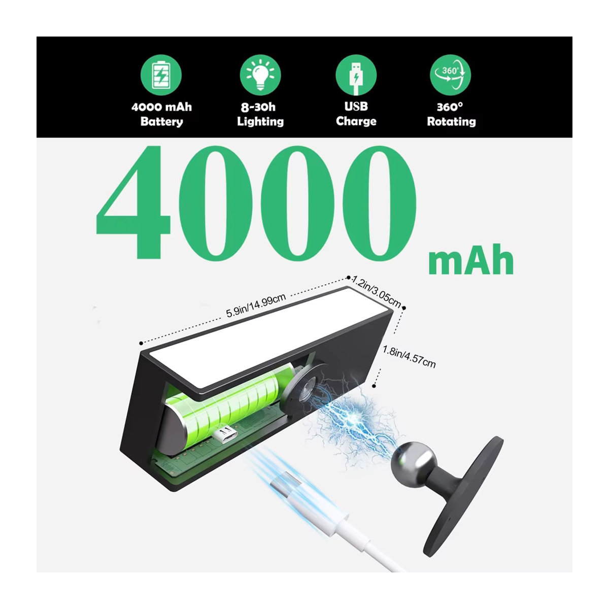 Moderne magnetische Wandleuchte in Schwarz, wiederaufladbare batteriebetriebene Nachttischlampe mit USB-Aufladung und 360 Grad Drehung - Bild 2