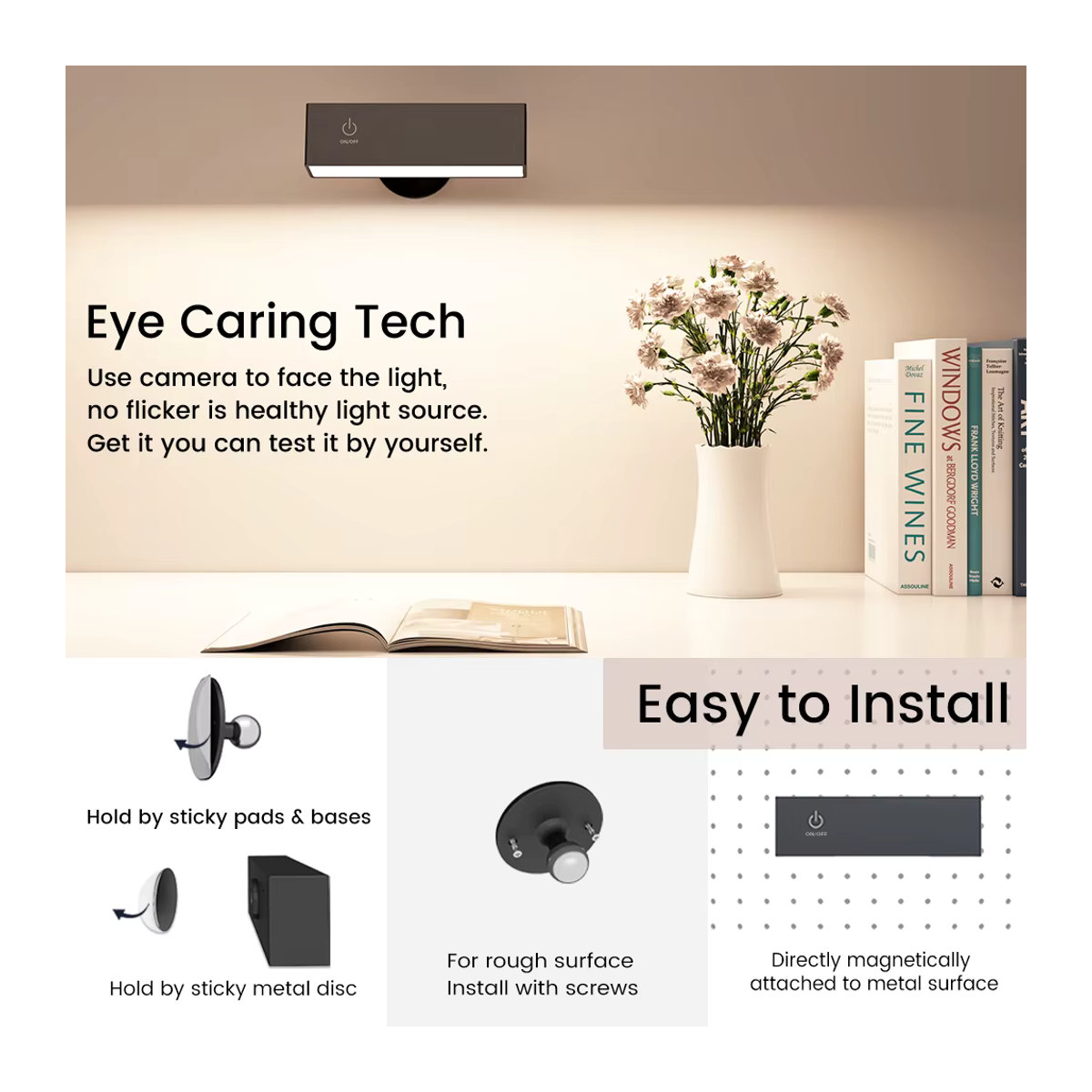 Moderne magnetische Wandleuchte in Schwarz, wiederaufladbare batteriebetriebene Nachttischlampe mit USB-Aufladung und 360 Grad Drehung - Bild 5