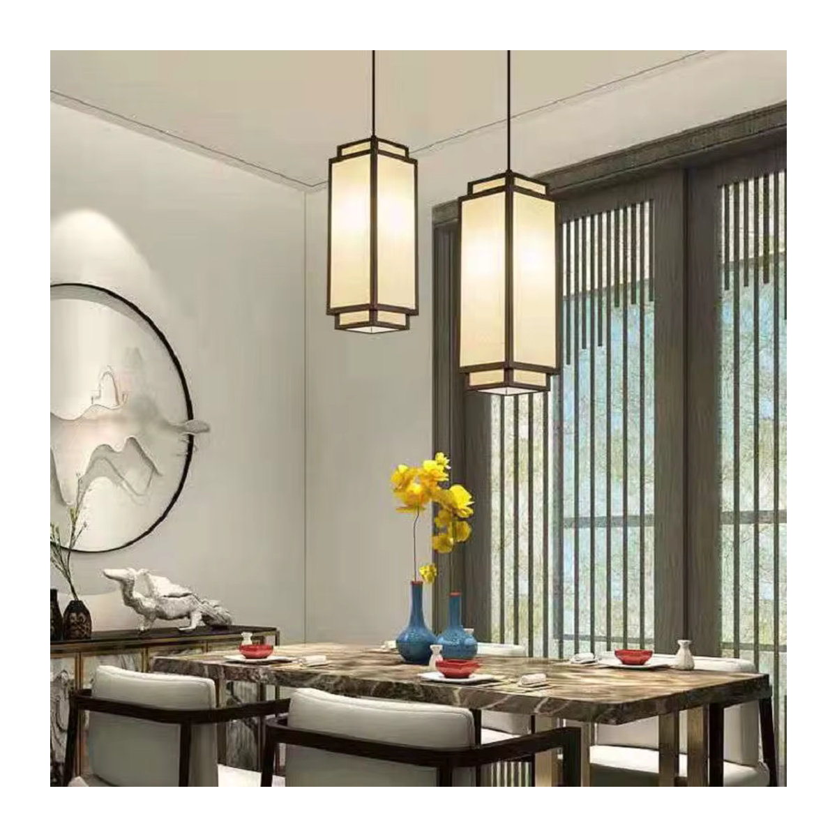 Moderne Pendelleuchte aus Stoff und Metall in Beige für Wohnzimmer, Esszimmer oder Flur - Bild 2