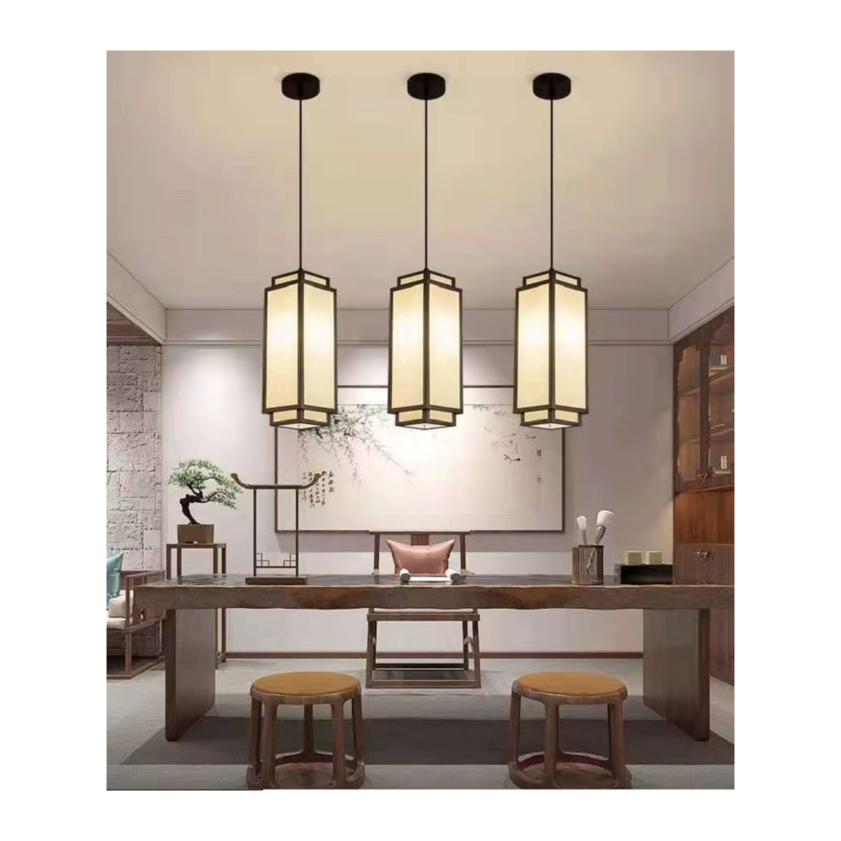 Moderne Pendelleuchte aus Stoff und Metall in Beige für Wohnzimmer, Esszimmer oder Flur - Bild 3