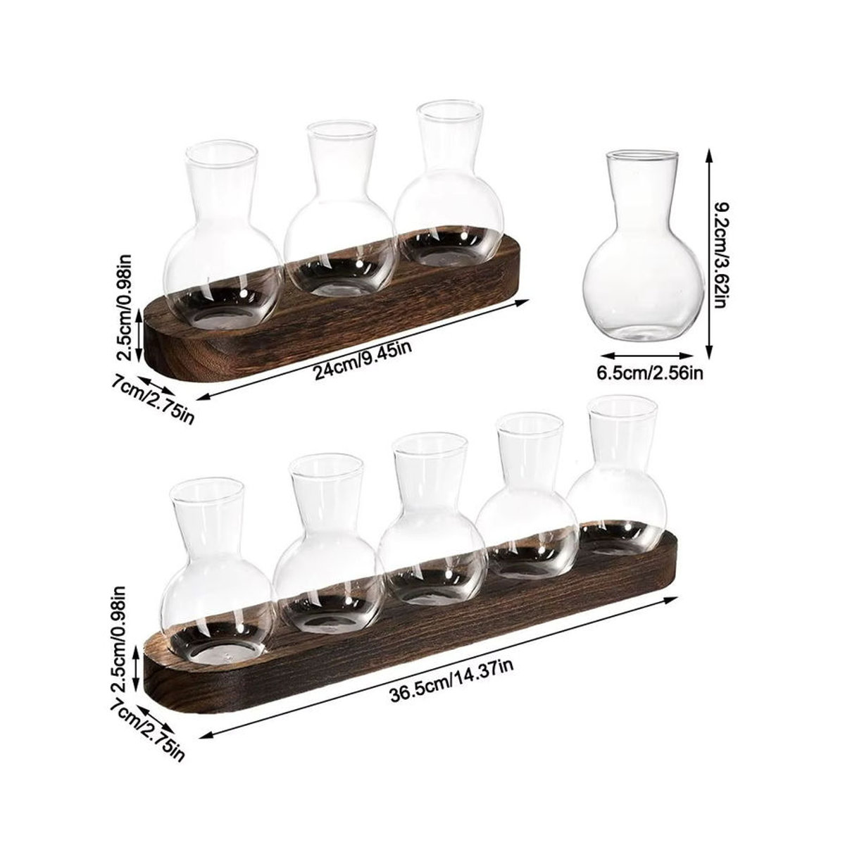 Moderne Pflanzenterrarium-Vermehrungsstation aus Glas und Holz mit flaschenförmigen Vasen in Transparent und Braun - Bild 6
