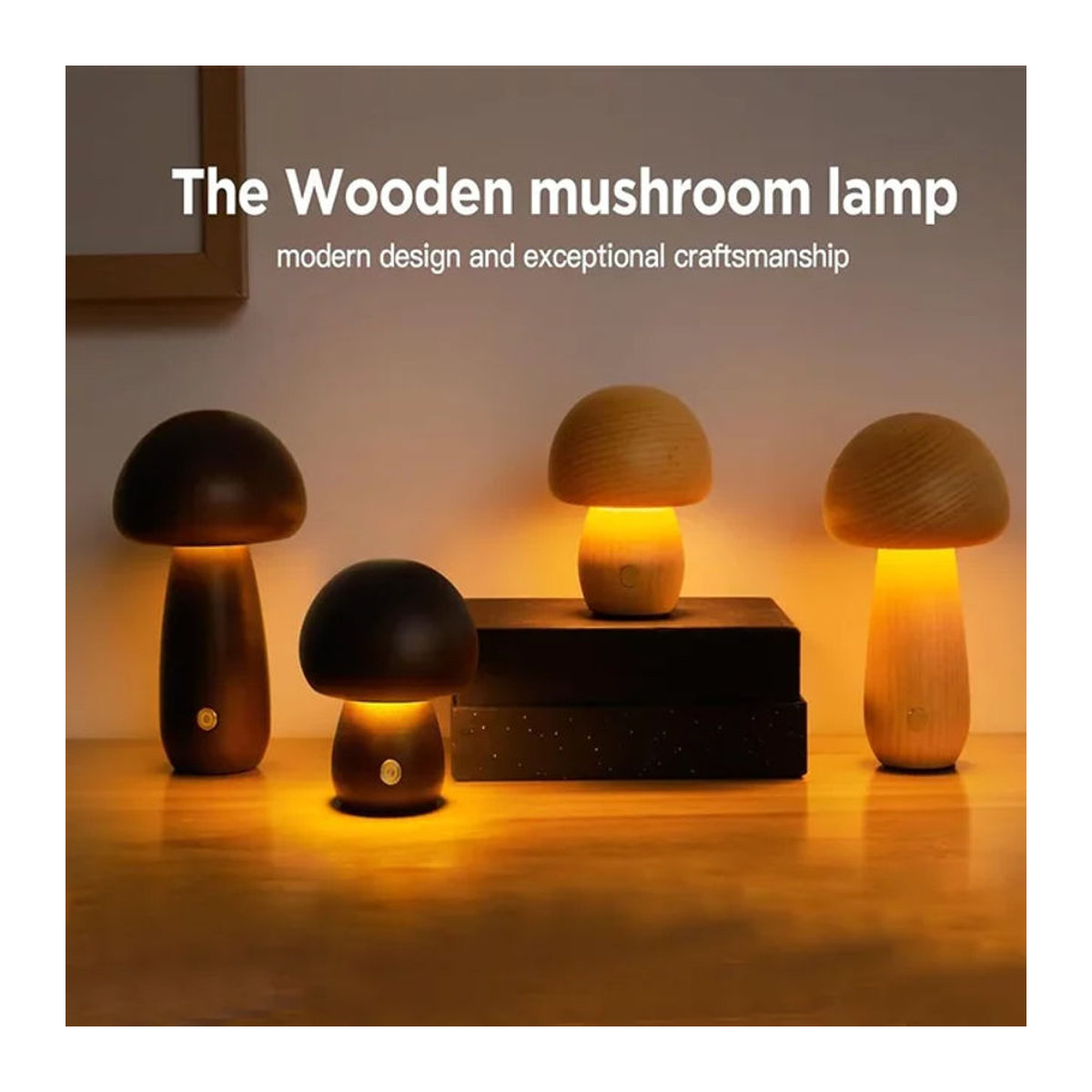 Moderne Pilz-Tischlampe aus Holz in Braun, wiederaufladbar und dimmbar als tragbares Nachtlicht für dein Schlafzimmer oder den Nachttisch - Bild 1