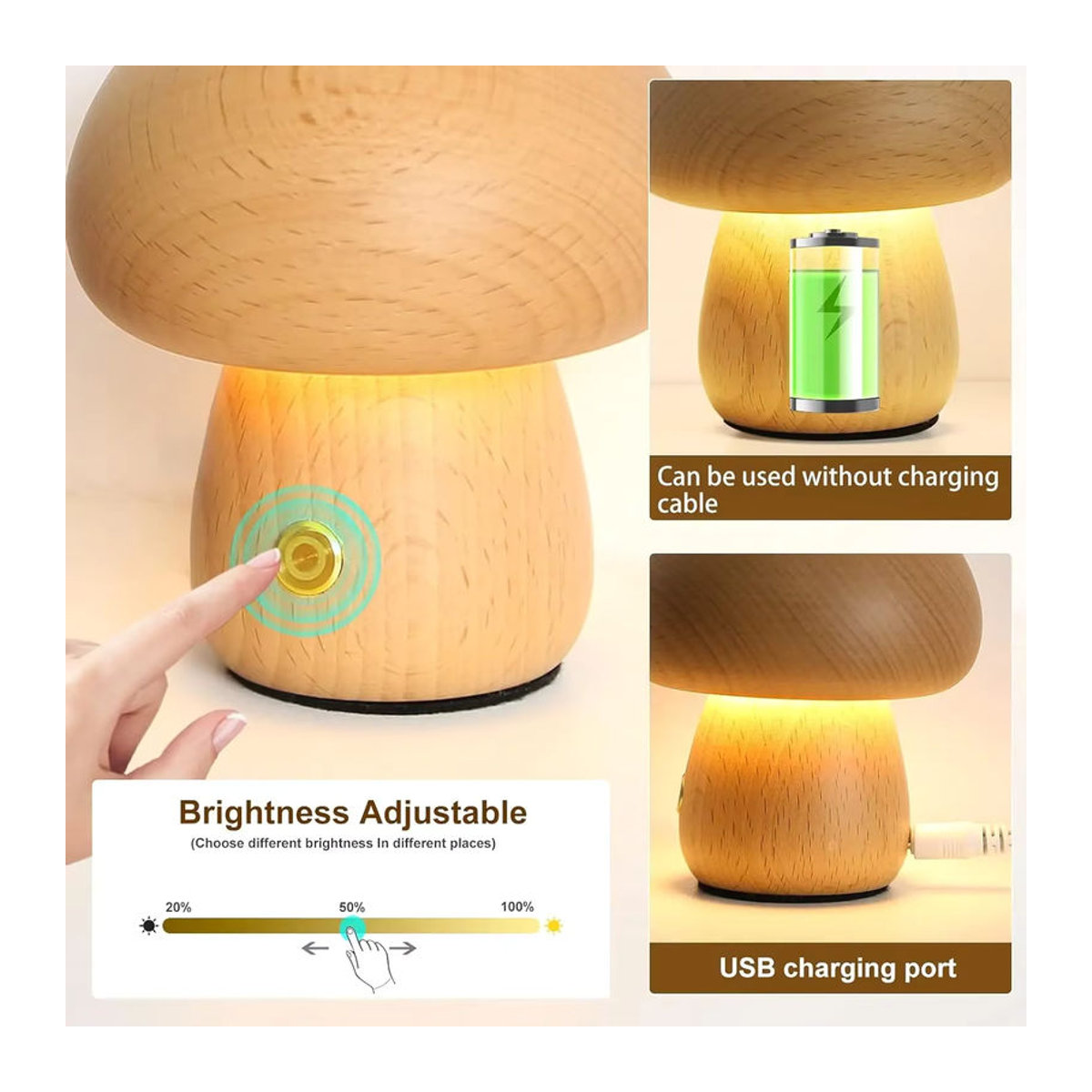 Moderne Pilz-Tischlampe aus Holz in Braun, wiederaufladbar und dimmbar als tragbares Nachtlicht für dein Schlafzimmer oder den Nachttisch - Bild 3