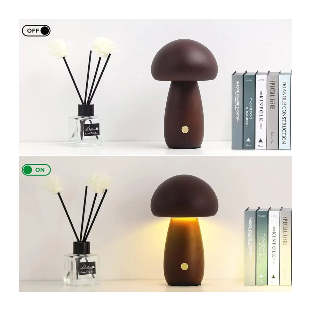 Moderne Pilz-Tischlampe aus Holz in Braun, wiederaufladbar und dimmbar als tragbares Nachtlicht für dein Schlafzimmer oder den Nachttisch - Bild 6