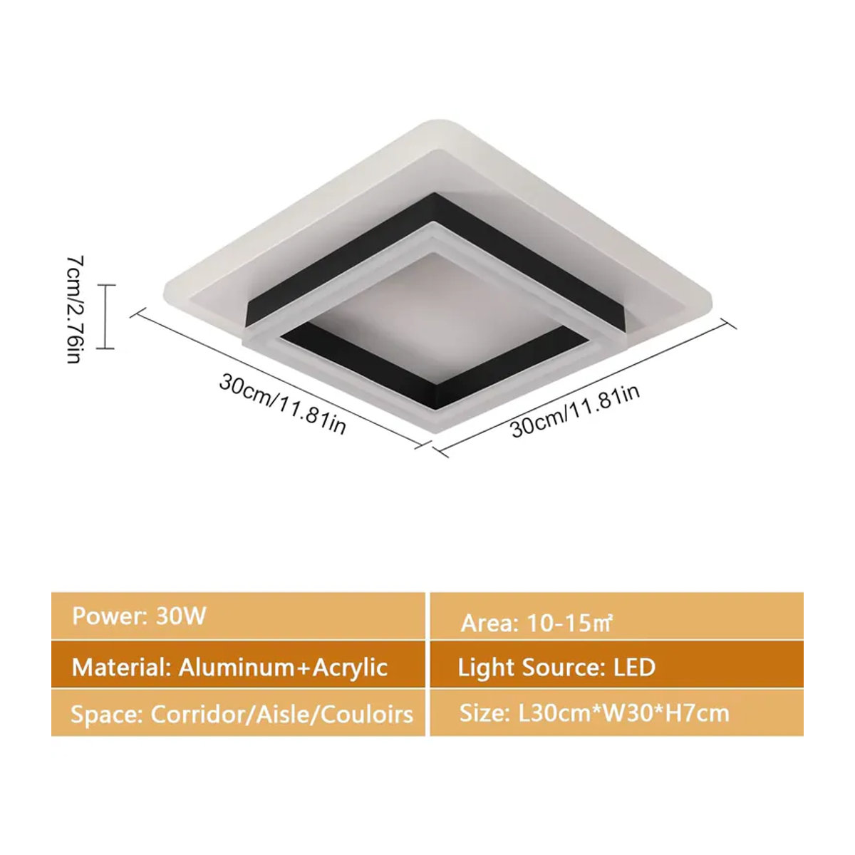 Moderne quadratische LED-Deckenlampe aus Acryl in Schwarz/Weiß mit 30 W und warmweißem Licht - Bild 2