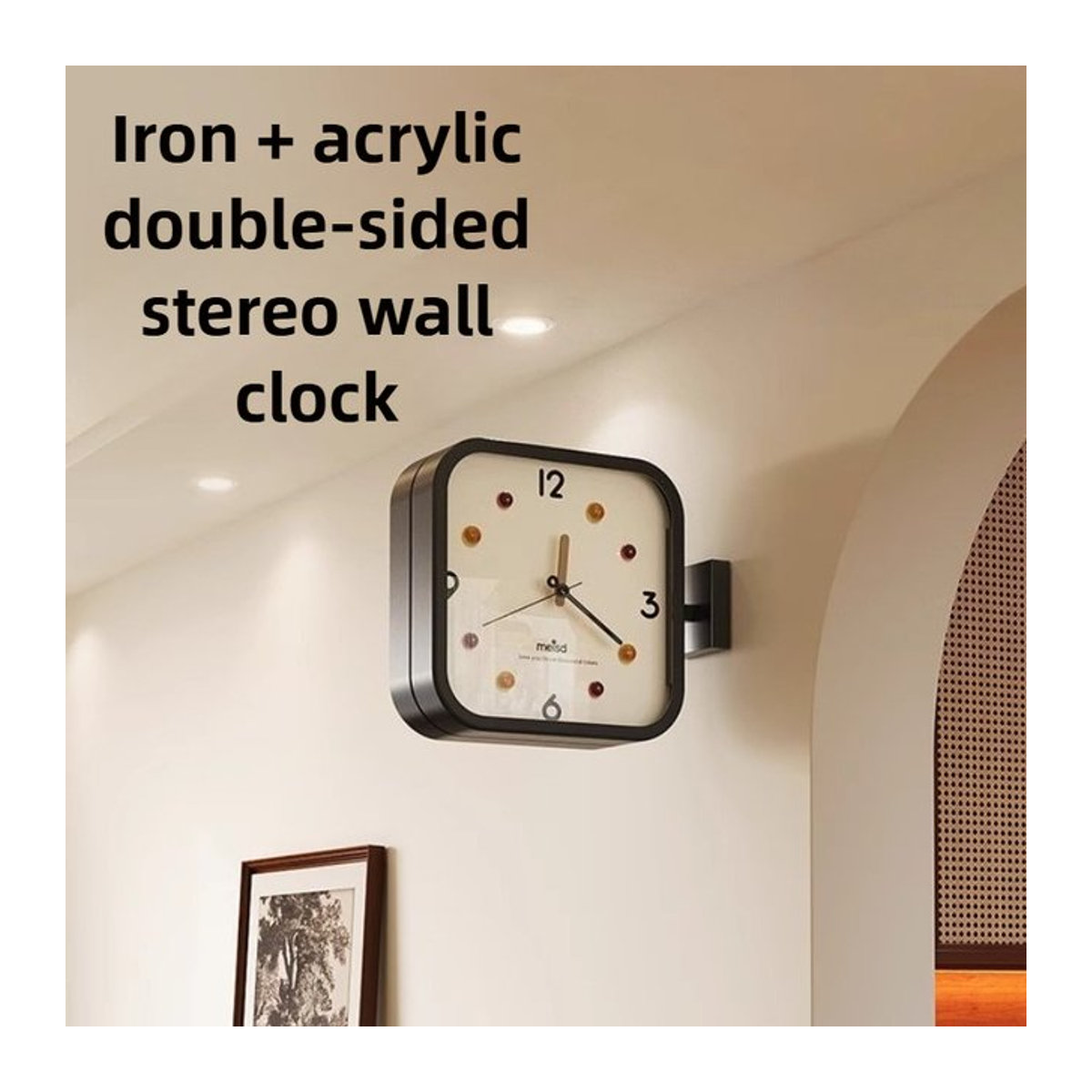 Moderne quadratische Wanduhr aus Metall in Weiß, geräuschlose doppelseitige Designer-Uhr für Wohnzimmer und Restaurant, analoge Wandmontage - Bild 1