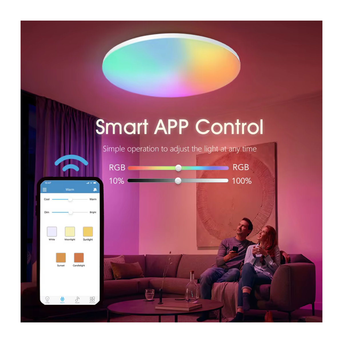 Moderne RGB Smart LED Deckenleuchte mit App-Steuerung und Fernbedienung, 54W, dimmbar, Bunt - Bild 3