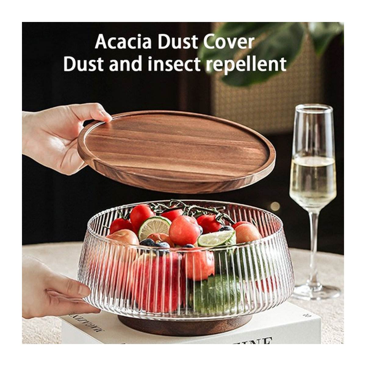 Moderne runde Glas Obstschale mit Holzsockel in Transparent und Braun zur Aufbewahrung von Obst, Salaten oder Snacks - Bild 1