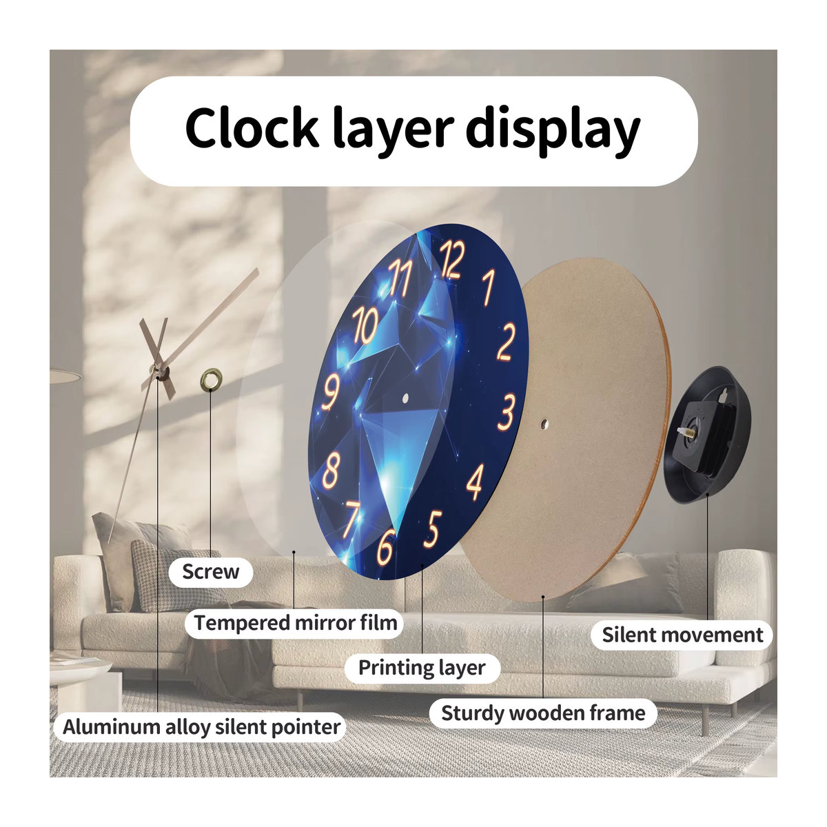 Moderne runde Wanduhr aus Holz in Dunkelblau mit geometrischem Design, geräuschlose analoge Quarzuhr für dein Wohnzimmer - Bild 2