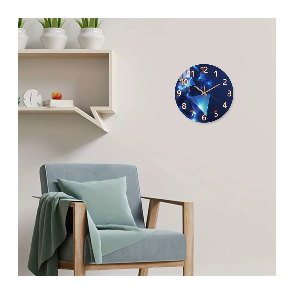 Moderne runde Wanduhr aus Holz in Dunkelblau mit geometrischem Design, geräuschlose analoge Quarzuhr für dein Wohnzimmer - Bild 4