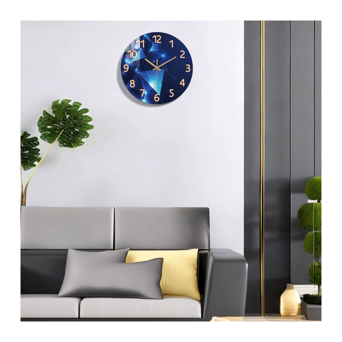 Moderne runde Wanduhr aus Holz in Dunkelblau mit geometrischem Design, geräuschlose analoge Quarzuhr für dein Wohnzimmer - Bild 5