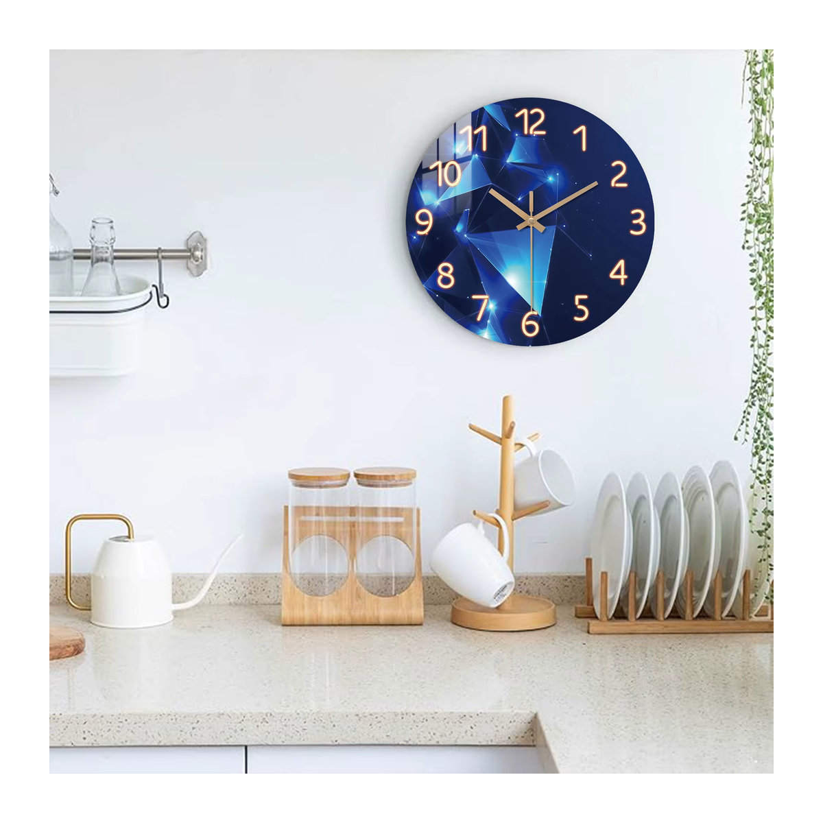 Moderne runde Wanduhr aus Holz in Dunkelblau mit geometrischem Design, geräuschlose analoge Quarzuhr für dein Wohnzimmer - Bild 6