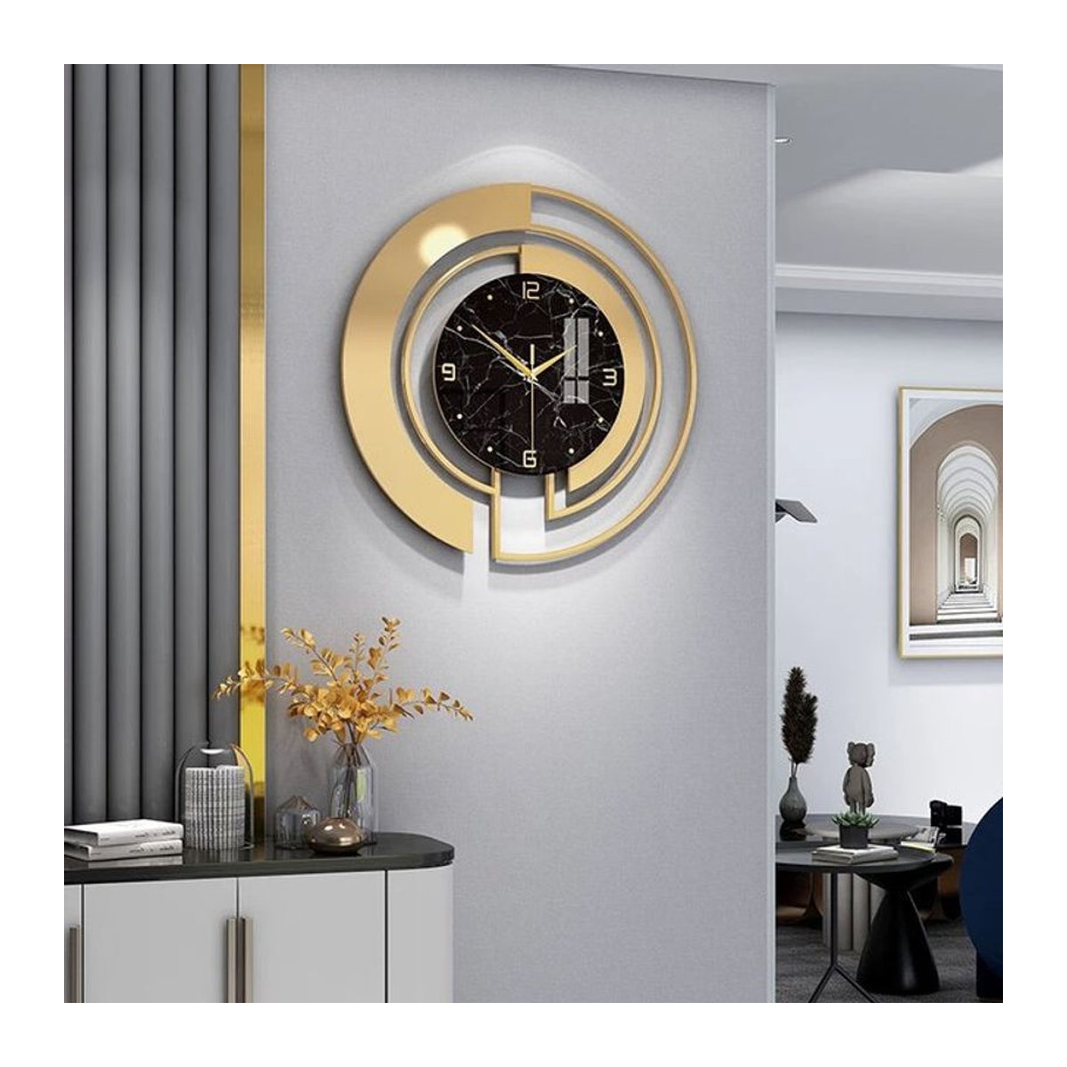 Moderne runde Wanduhr aus Metall mit Beleuchtung in Weiß und Gold, abstrakte geometrische Design-Wanduhr für Wohnzimmer und Eingangsbereich - Bild 1