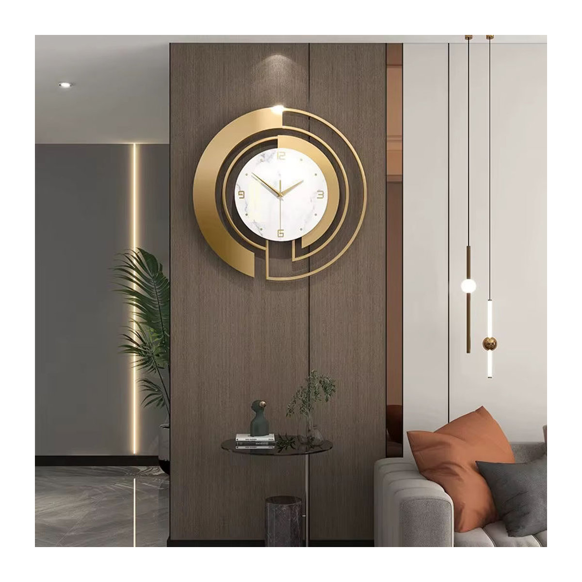 Moderne runde Wanduhr aus Metall mit Beleuchtung in Weiß und Gold, abstrakte geometrische Design-Wanduhr für Wohnzimmer und Eingangsbereich - Bild 2