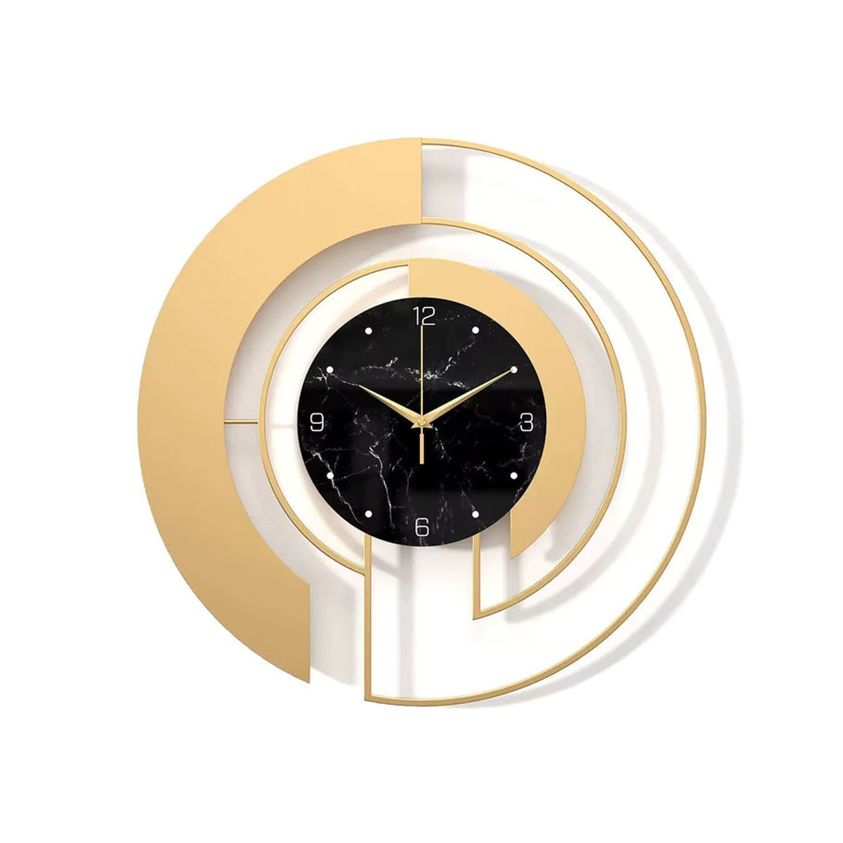 Moderne runde Wanduhr aus Metall mit Beleuchtung in Weiß und Gold, abstrakte geometrische Design-Wanduhr für Wohnzimmer und Eingangsbereich - Bild 5