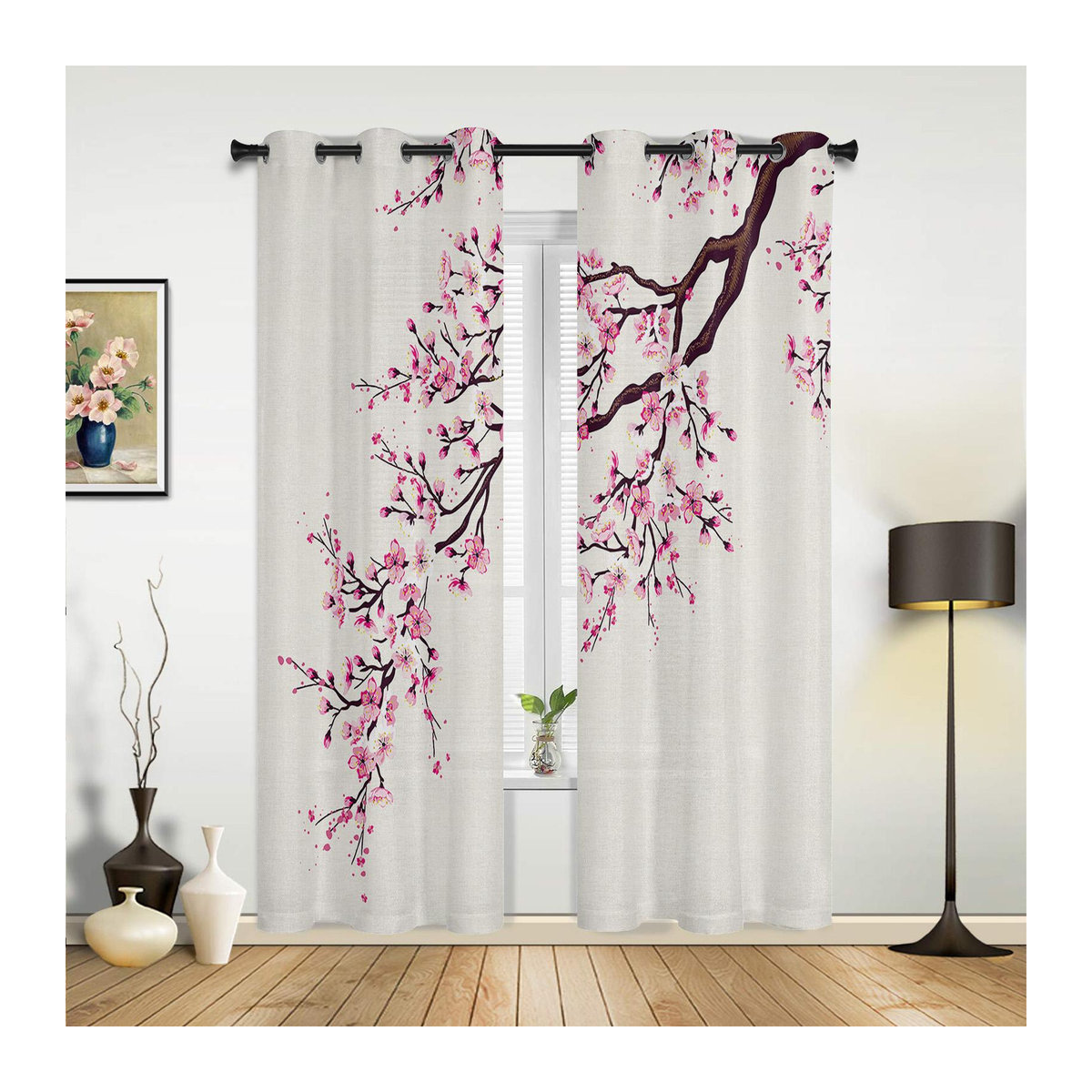 Moderne Sakura Fenstervorhänge im japanischen Stil, halbtransparent, Weiß, B: 100 cm, H: 160 cm, 2er-Set - Bild 1