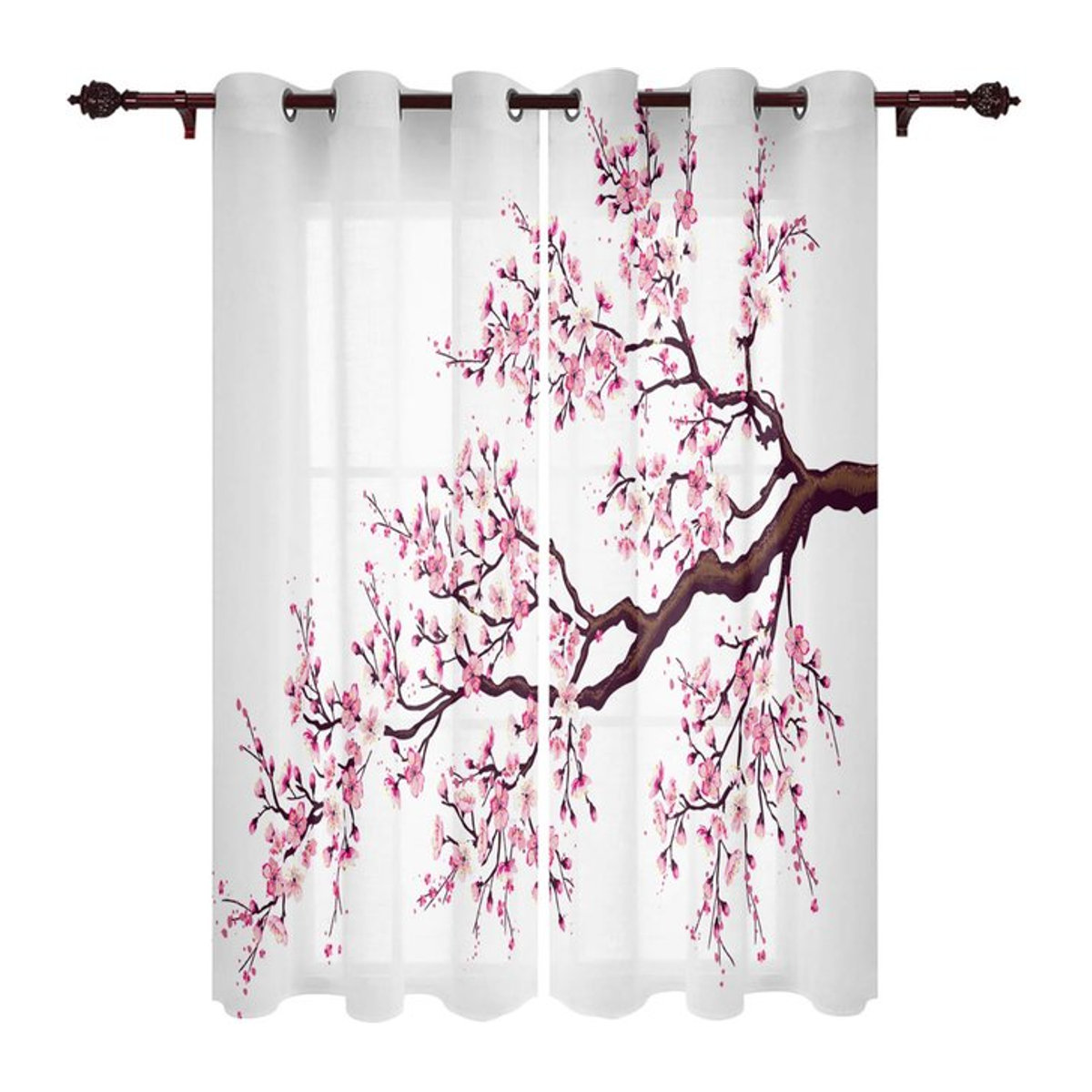 Moderne Sakura Fenstervorhänge im japanischen Stil, halbtransparent, Weiß, B: 135 cm, H: 115 cm - Bild 1