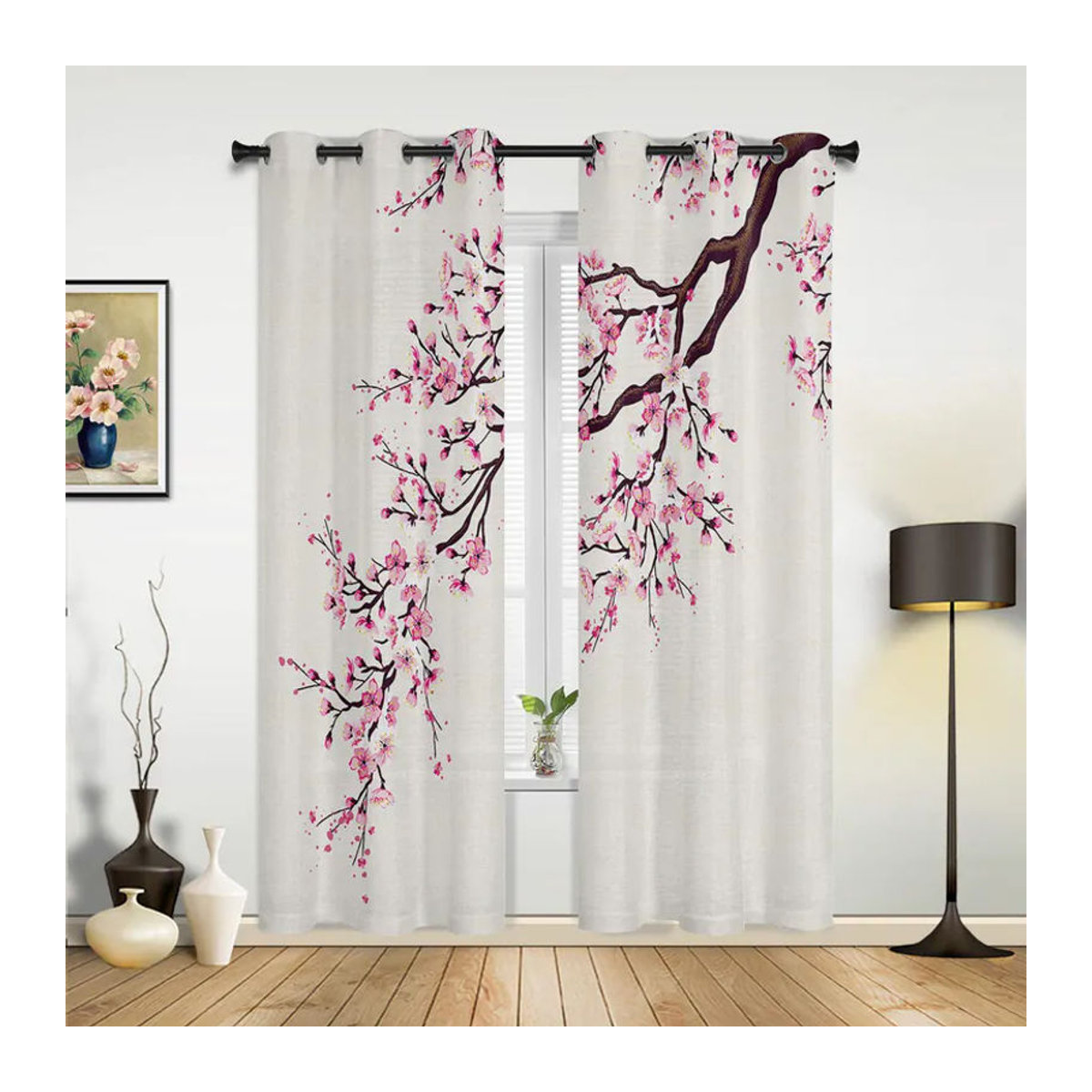 Moderne Sakura Fenstervorhänge im japanischen Stil, halbtransparent, Weiß, B: 135 cm, H: 115 cm - Bild 2