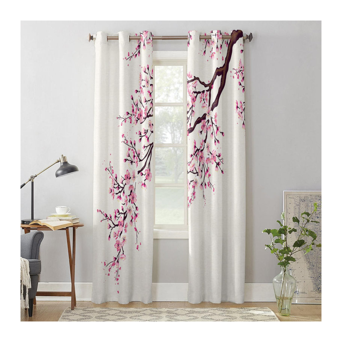 Moderne Sakura Fenstervorhänge im japanischen Stil, halbtransparent, Weiß, B: 135 cm, H: 215 cm - Bild 2