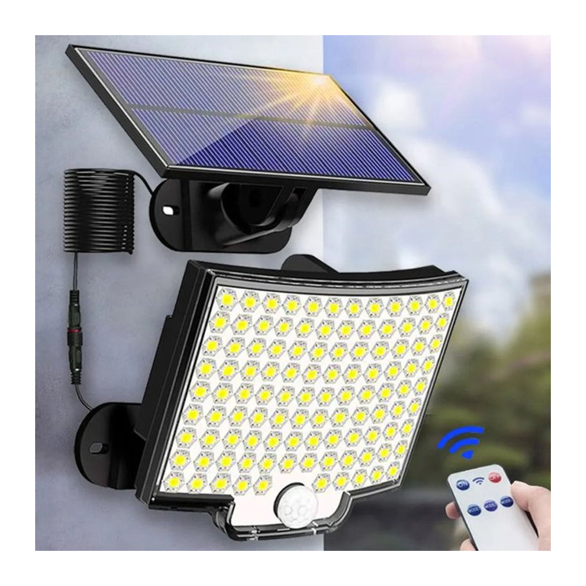 Moderne Solar-LED-Außenstrahler in Schwarz mit 3 Modi, Bewegungsmelder und Fernbedienung für Terrasse, Garage und Hinterhof - Bild 1
