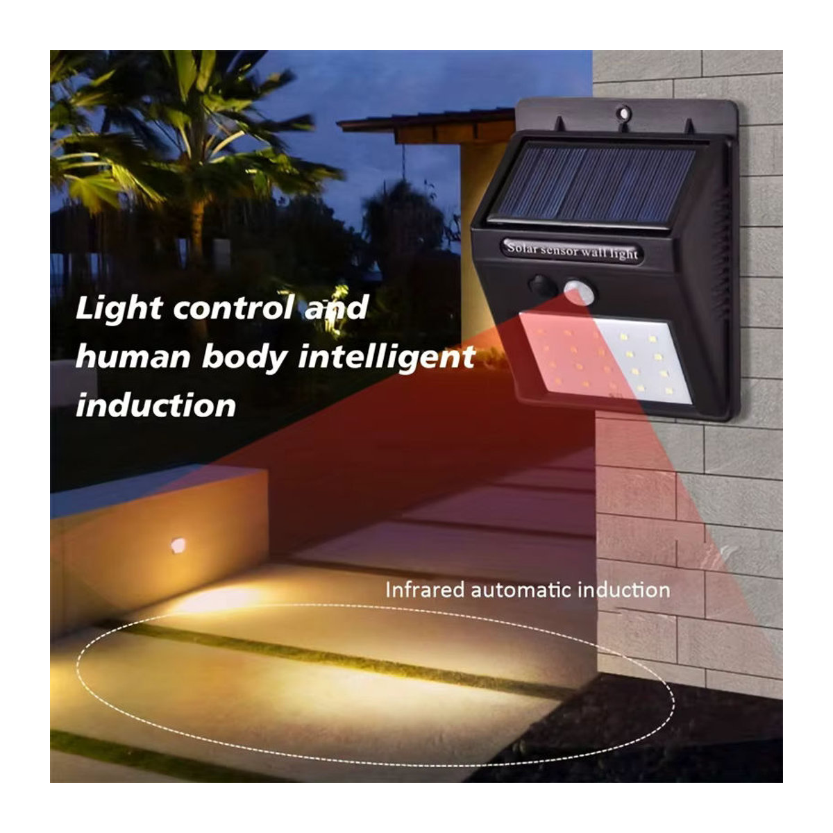 Moderne Solar-Wandleuchte mit 20 LEDs und PIR-Bewegungsmelder in Schwarz - Bild 2