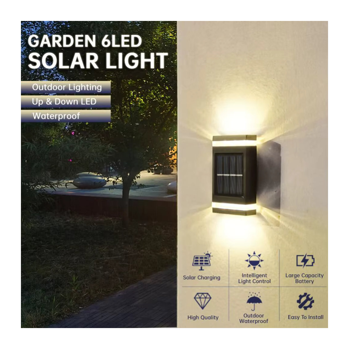Moderne Solar Wandleuchte mit 6 LEDs in Schwarz für Garten und Außenbereich wasserdicht - Bild 3