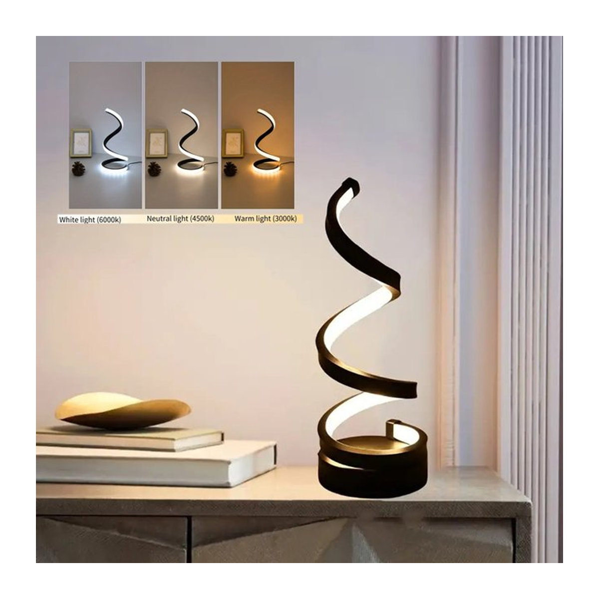Moderne Spirale LED Tischlampe von MeeToo in Schwarz, dimmbar als Nachtlicht für Schlafzimmer, Büro und Wohnzimmer - Bild 1